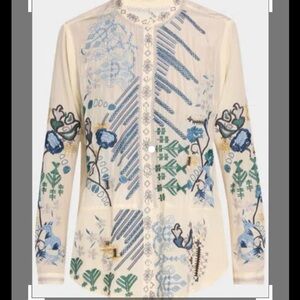 Cream Button-Front Blouse with Blue & Green Floral Embroidery